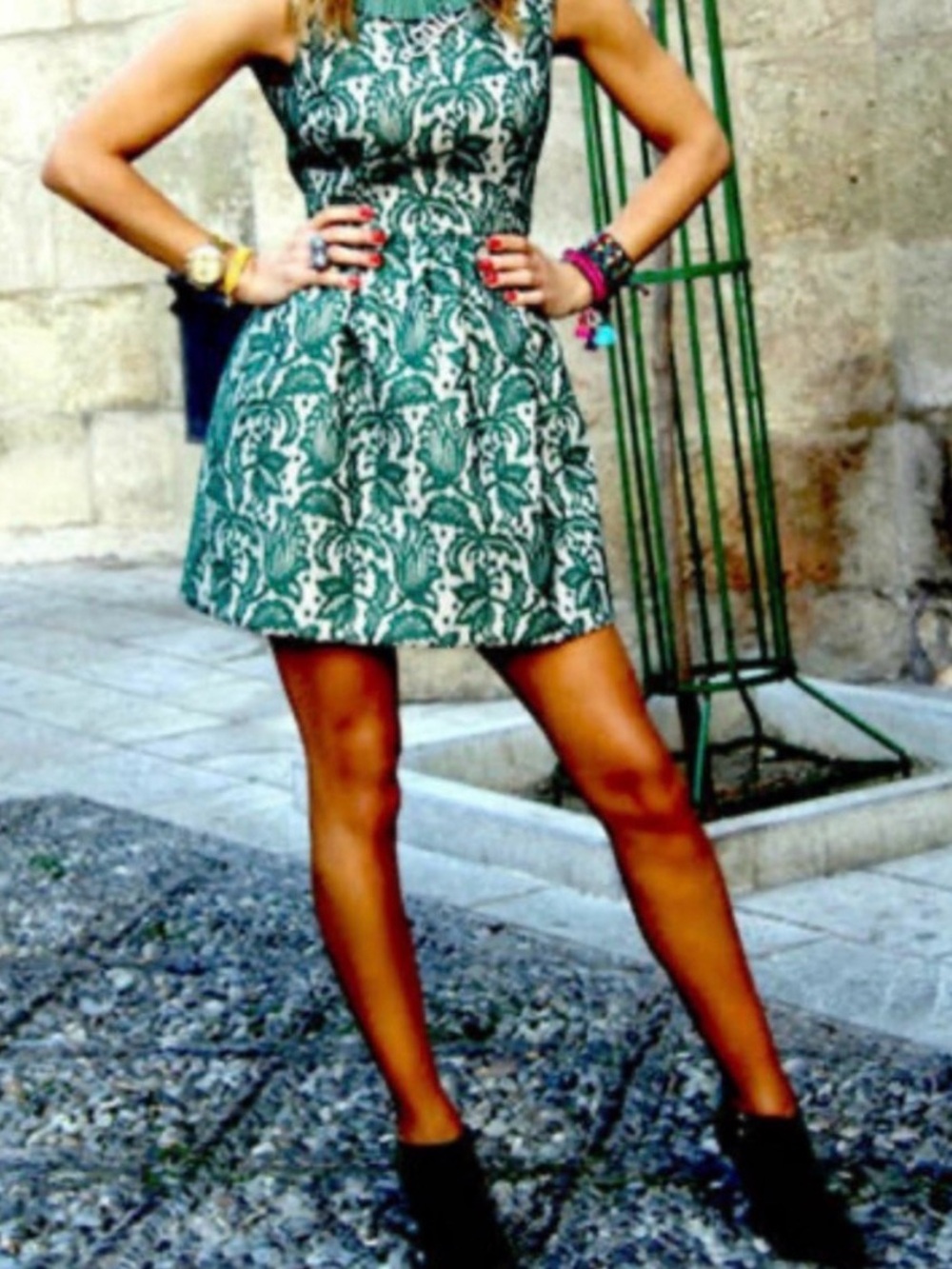 Zara Green Lace Overlay Tulip Mini Dress intricate green & nude lace size small
